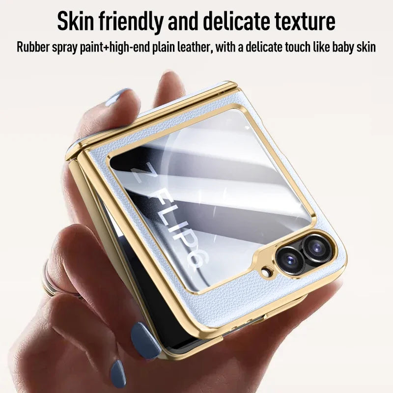 Electroplated Leather Case for Samsung Galaxy Z Flip 6/5 – Skin-Friendly Shockproof Hinge Cover with Tempered Film