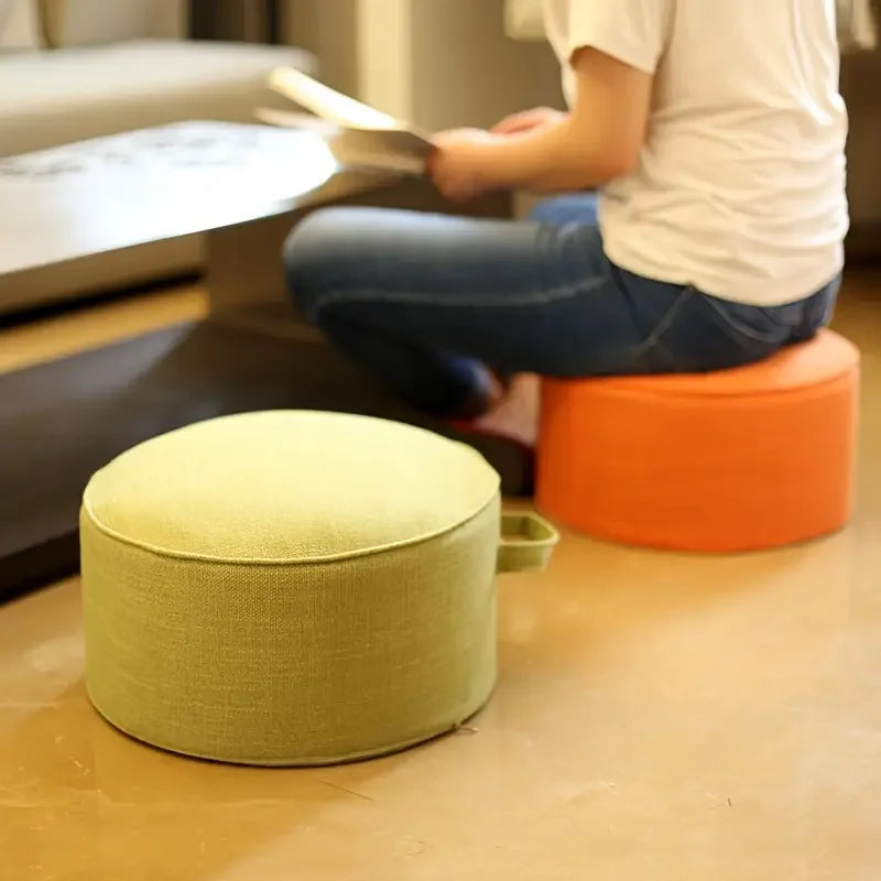 Round Tatami Floor Cushion – Thick Pouf Ottoman with Detachable Washable Cover & Side Handle