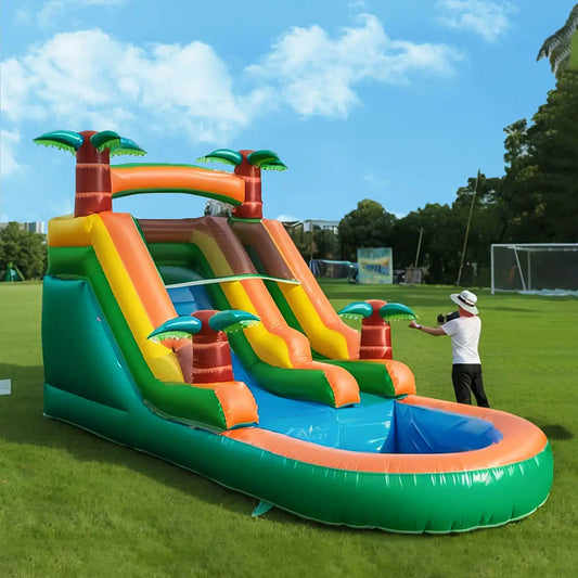 Inflatable Summer Water Pool & Double Slide Play Equipment – Outdoor Air Bounce Water Amusement Inflatable Bubble Ball Fun for Kids & Family