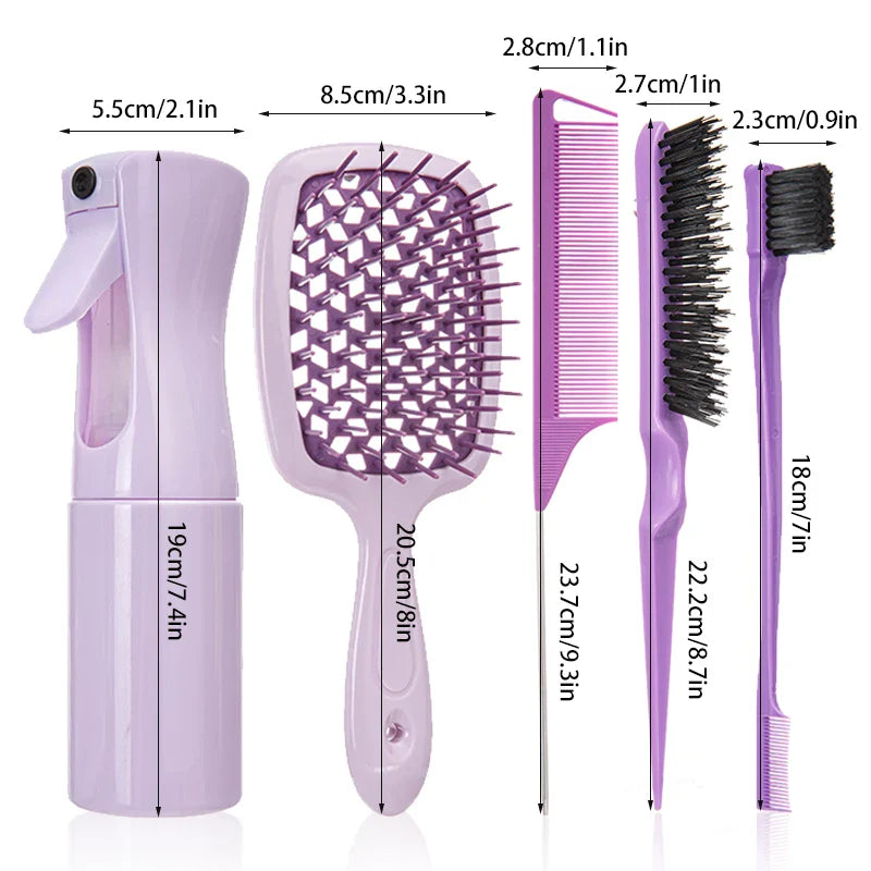 5PCS Comb Set – Detangling Hair Brush, Curly Hair Curved Rat Tail Comb, Edge Brush, Salon Tools for Curly Hair