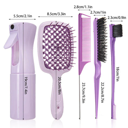 5PCS Comb Set – Detangling Hair Brush, Curly Hair Curved Rat Tail Comb, Edge Brush, Salon Tools for Curly Hair
