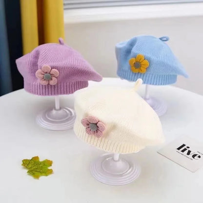 Flower Baby Beret Hat – Winter Warm Knitted Beanie for Infant & Toddler Girls, Korean Princess Artist Painter Cap Solid Color