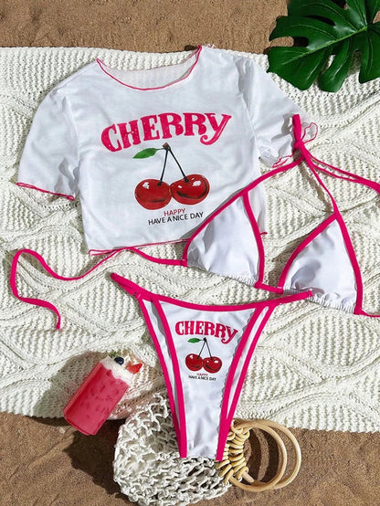Women’s Cherry Print Halter Bikini Set – Sexy 3 Piece Dark Blue Beach Swimsuit 2026