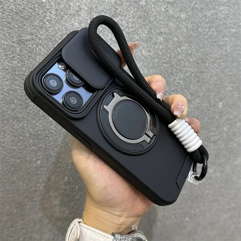 Armor Magnetic iPhone Case with Lanyard – Shockproof Slide Camera Protection for iPhone 11-16 Pro Max