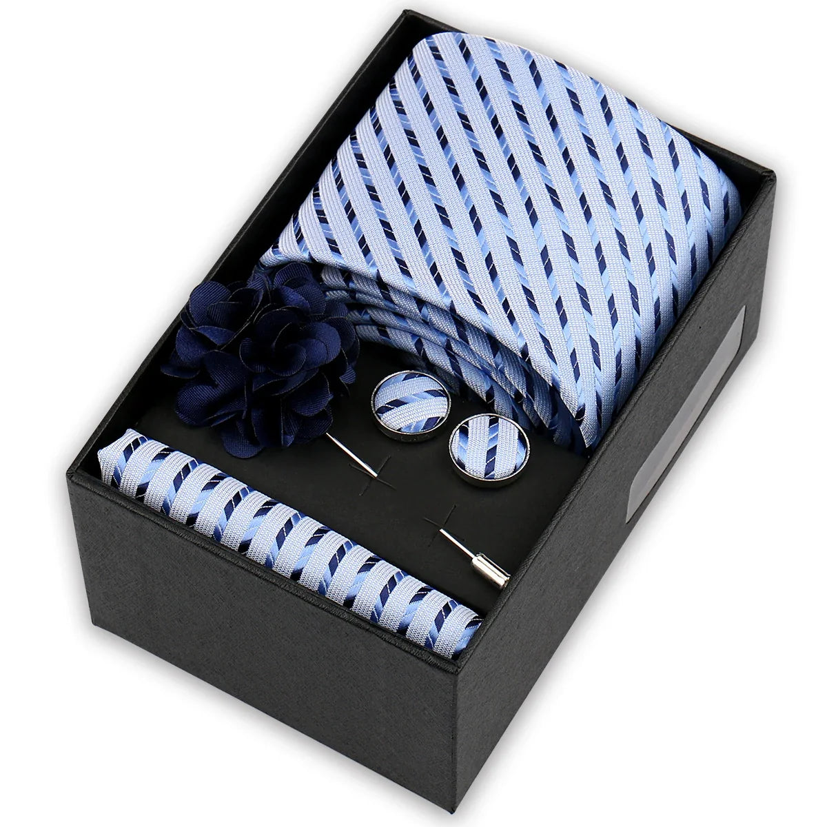 Men’s 4-Piece Tie Set Gift Box - Elegant Necktie with Handkerchief, Cufflinks & Brooch for Business, Wedding & Suit Accessories