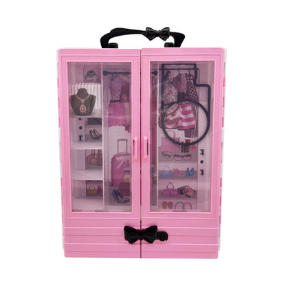 Pink Doll Wardrobe Playset with 10 Hangers – Fold-Out Portable Closet Fashion Toy Gift