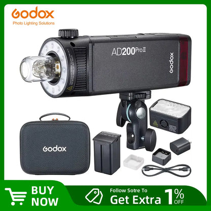 Godox AD200Pro II TTL Wireless Camera Pocket Flash – 2.4G, Compatible with X1T for Nikon, Canon, Sony, Fuji, Olympus