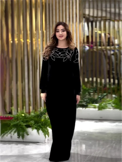 Women’s Eid Ramadan Velvet Abaya Dress 2026 – Diamond Embellished Dubai Jalabiya with Belt Muslim Party Gown
