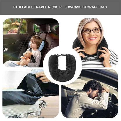 Portable Fillable Neck Pillow - Adjustable Flannel Space-Saving Neck Support for Car, Train & Airplane Travel