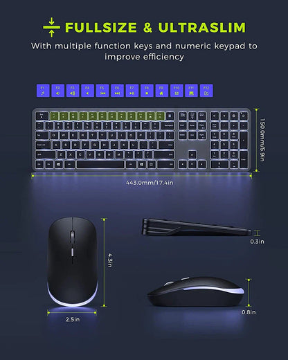 Wireless Backlit Keyboard and Mouse Combo – 2.4G USB Rechargeable Silent Full-Size Slim Set