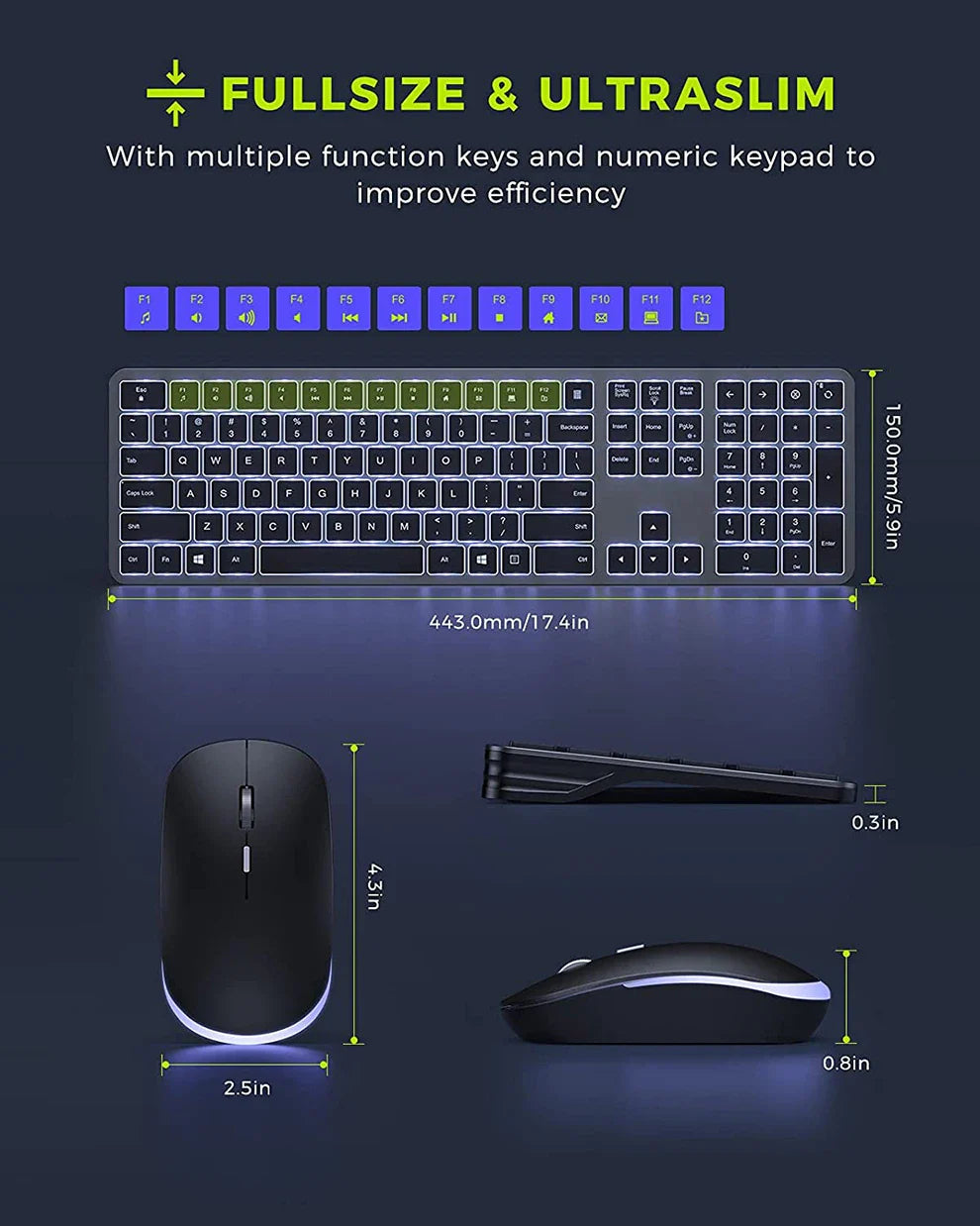 Backlit Wireless Keyboard and Mouse Combo – 2.4G USB Rechargeable Silent Full-Size Slim Set