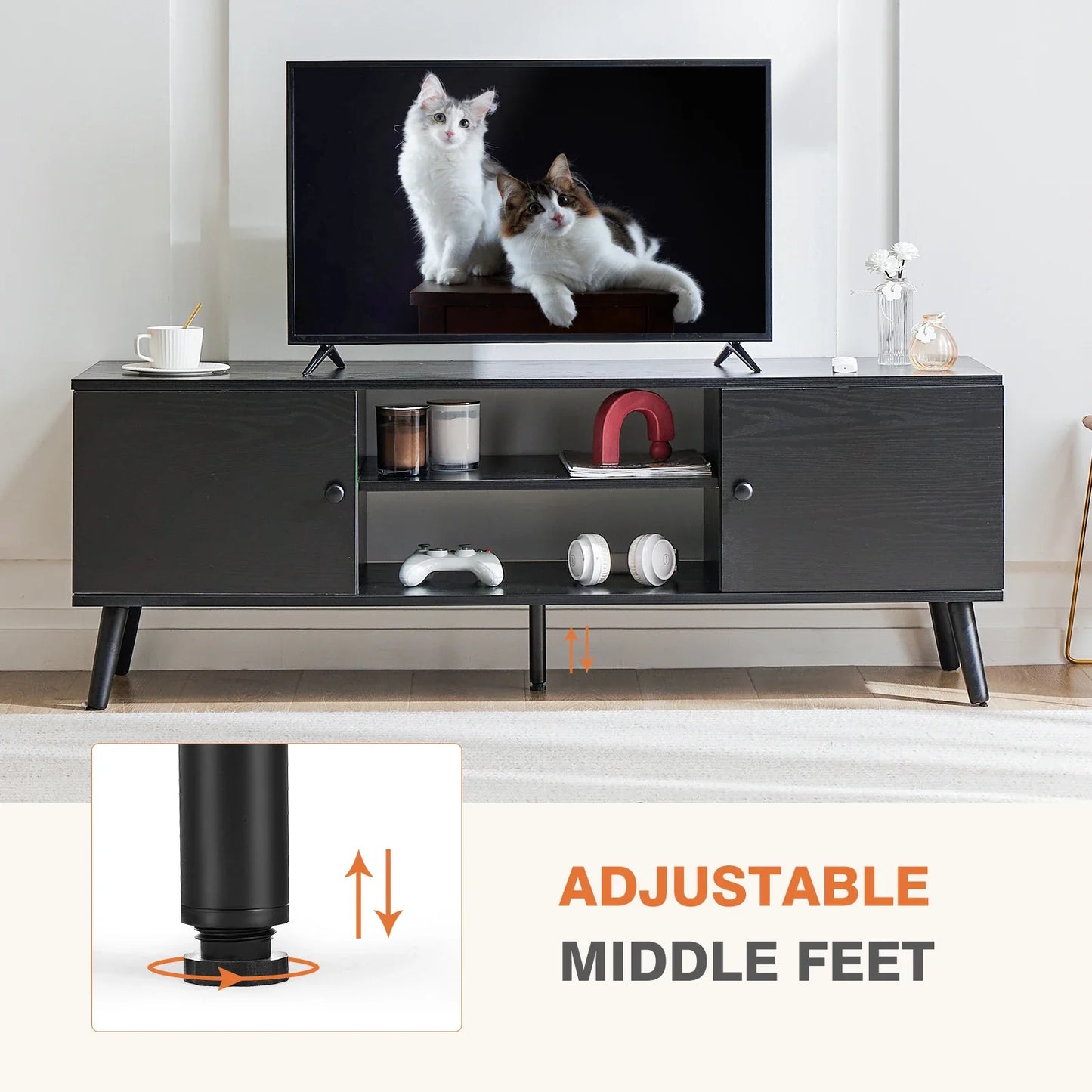 Wooden Fireplace TV Stand for 60 Inch TV – Living Room Entertainment Center with Adjustable Shelf & 2 Storage Cabinets