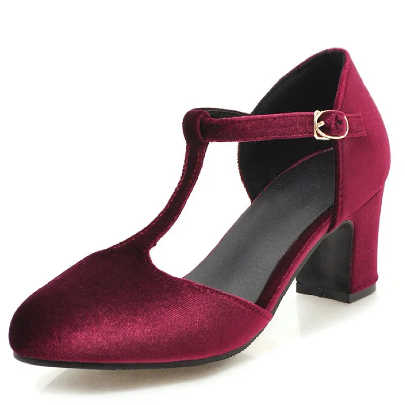 Women’s T-Strap High Heels – Velvet Mary Jane Pumps, Red & Green Party, Wedding, Office Shoes, Plus Size 45