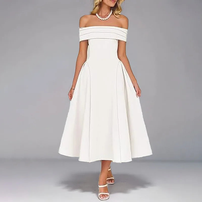 Women’s Elegant Strapless Backless Dress – Solid Color Off-Shoulder A-Line Long Formal Dress, Summer 2025
