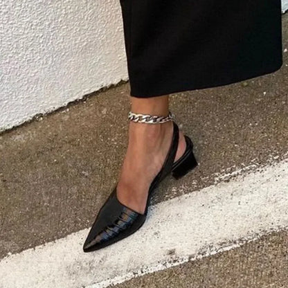 Women’s Pointed Toe Slingback Pumps – Mid Chunky Heel Summer Sandals, Vintage Style Slippers
