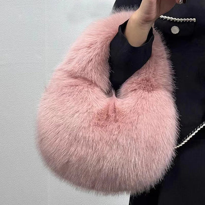 Plush Half Moon Bag - Soft Faux Fur Women's Handbag Winter Luxury Shoulder Purse