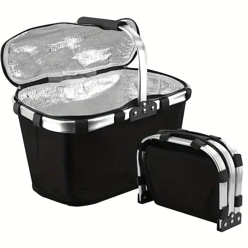 Insulated Picnic & Shopping Basket — Waterproof Foldable Cooler with Locking Lid for Outdoor Food Storage