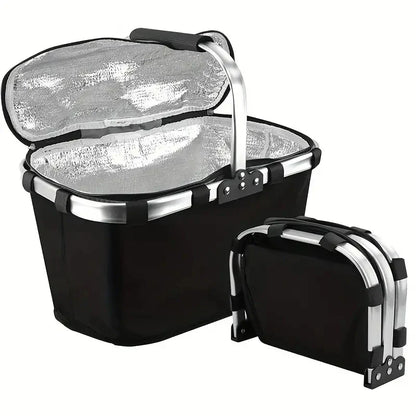 Insulated Picnic & Shopping Basket — Waterproof Foldable Cooler with Locking Lid for Outdoor Food Storage