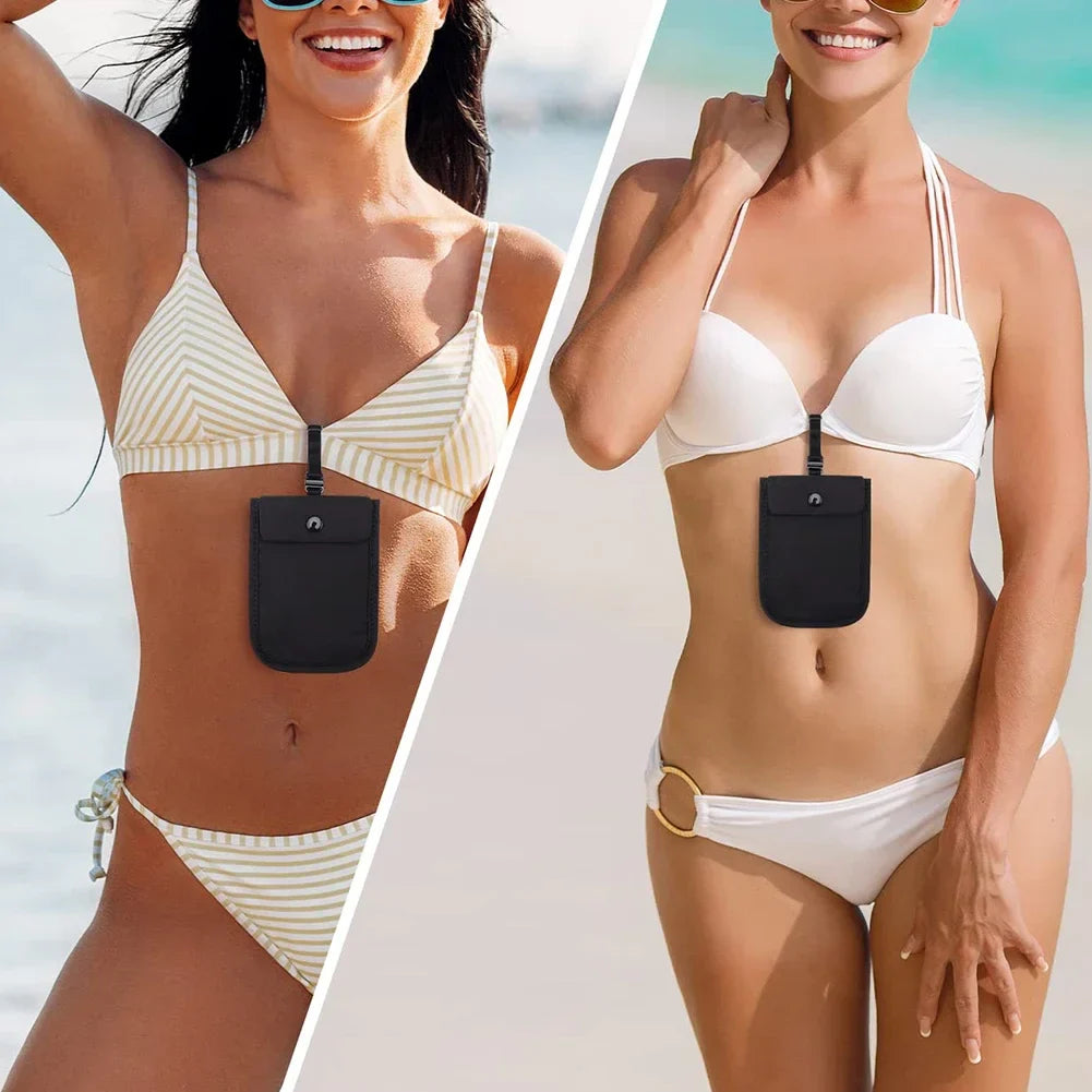 Women’s Hidden Bra Wallet – Solid Color Travel Money Belt Pouch with Flap Clasp Cotton Pocket