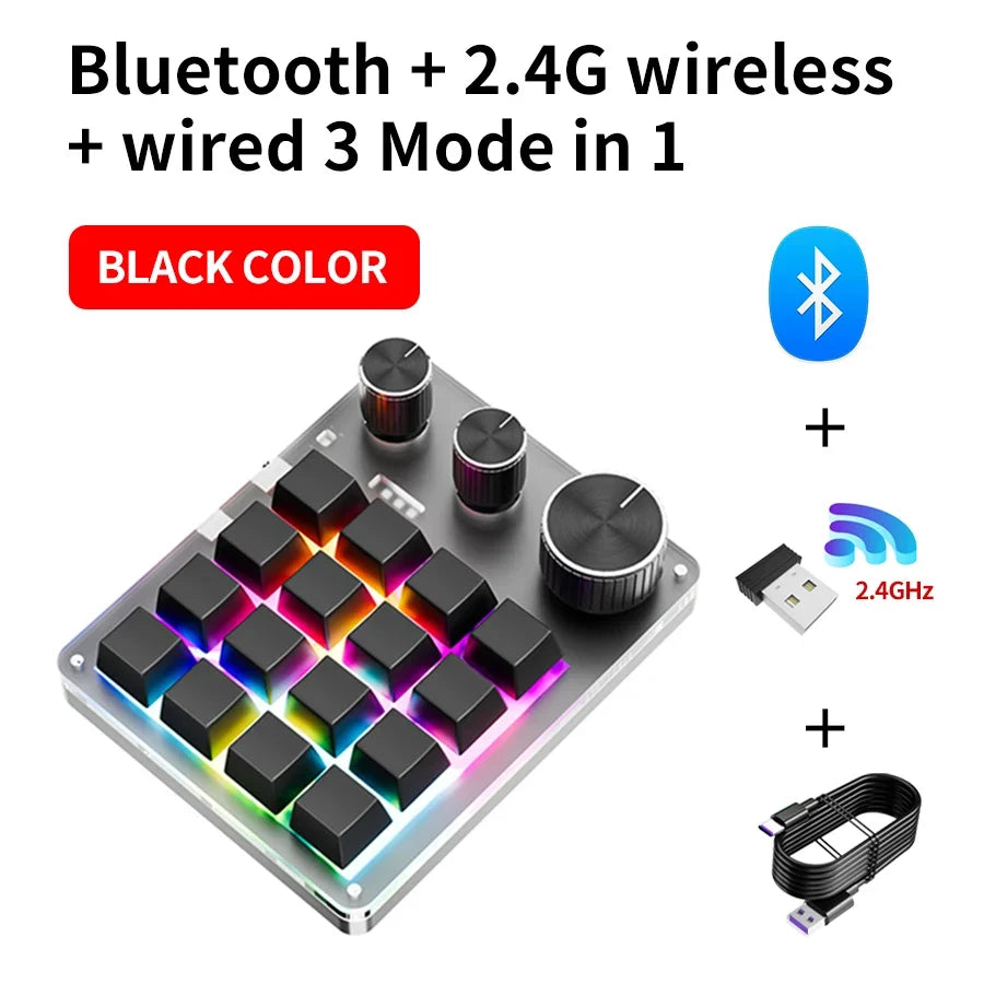 Custom Mechanical Gaming Keyboard - 2.4G Bluetooth USB Macro Keypad with Volume Knob & Programmable Keys
