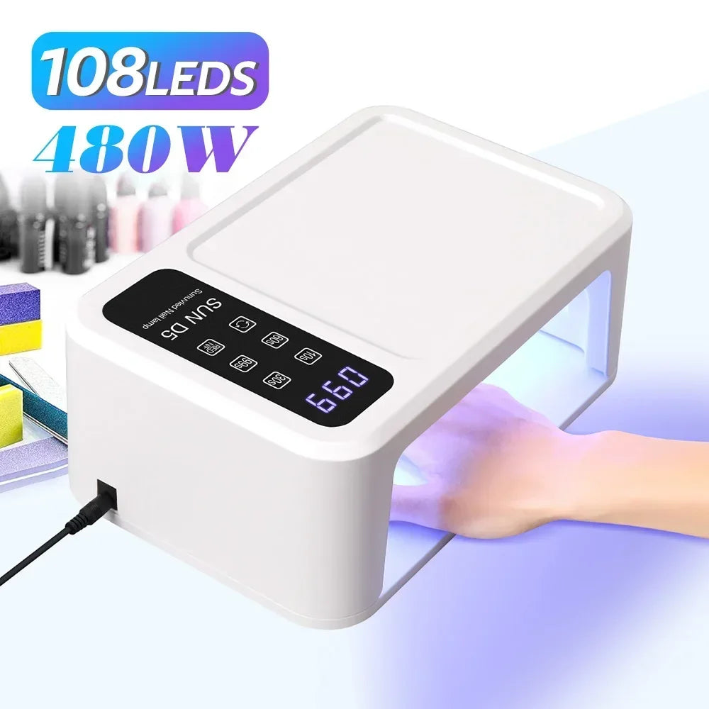 480W UV LED Nail Lamp – 108 LEDs Nail Dryer with Red Light Whitening Mode, Large Space, 4 Timer Settings