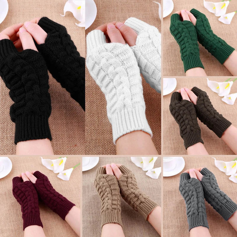 Women’s Stylish Winter Fingerless Gloves — Hand Warmer Arm Crochet Knitting Faux Wool Mittens with Twist Pattern