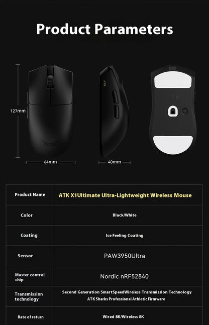 NEW ATK X1 Ultimate Wireless Gaming Mouse — PAW3950 Ultra, 8K Polling Rate, 2.4G, 0.3ms, 500mAh, 750IPS, 42,000 DPI for PC & Laptop