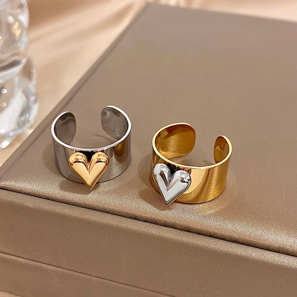 Greatera Stainless Steel Heart Cuff Ring – Wide Thick Statement Jewelry for Women & Men, European American Style