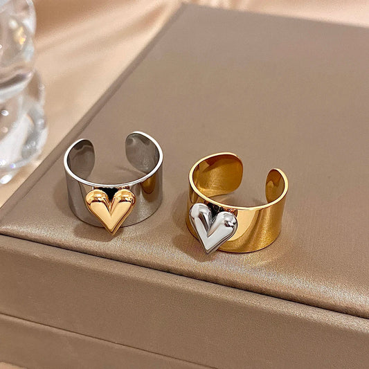 Greatera Stainless Steel Heart Cuff Ring – Wide Thick Statement Jewelry for Women & Men, European American Style