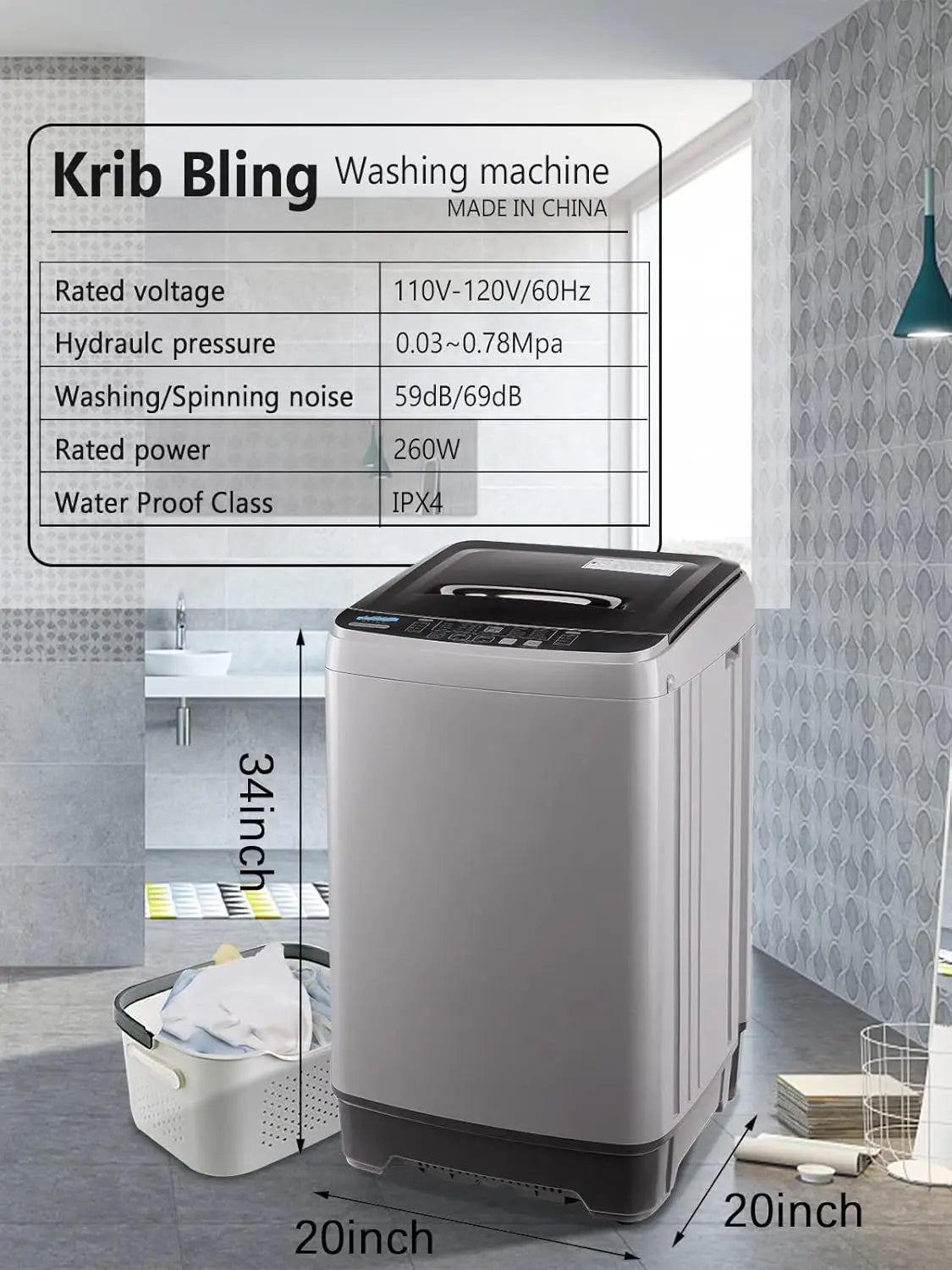 KRIB BLING Portable Full Automatic Washing Machine – 17.7 lbs with LED Display, 10 Programs, 8 Water Levels & Drain Pump