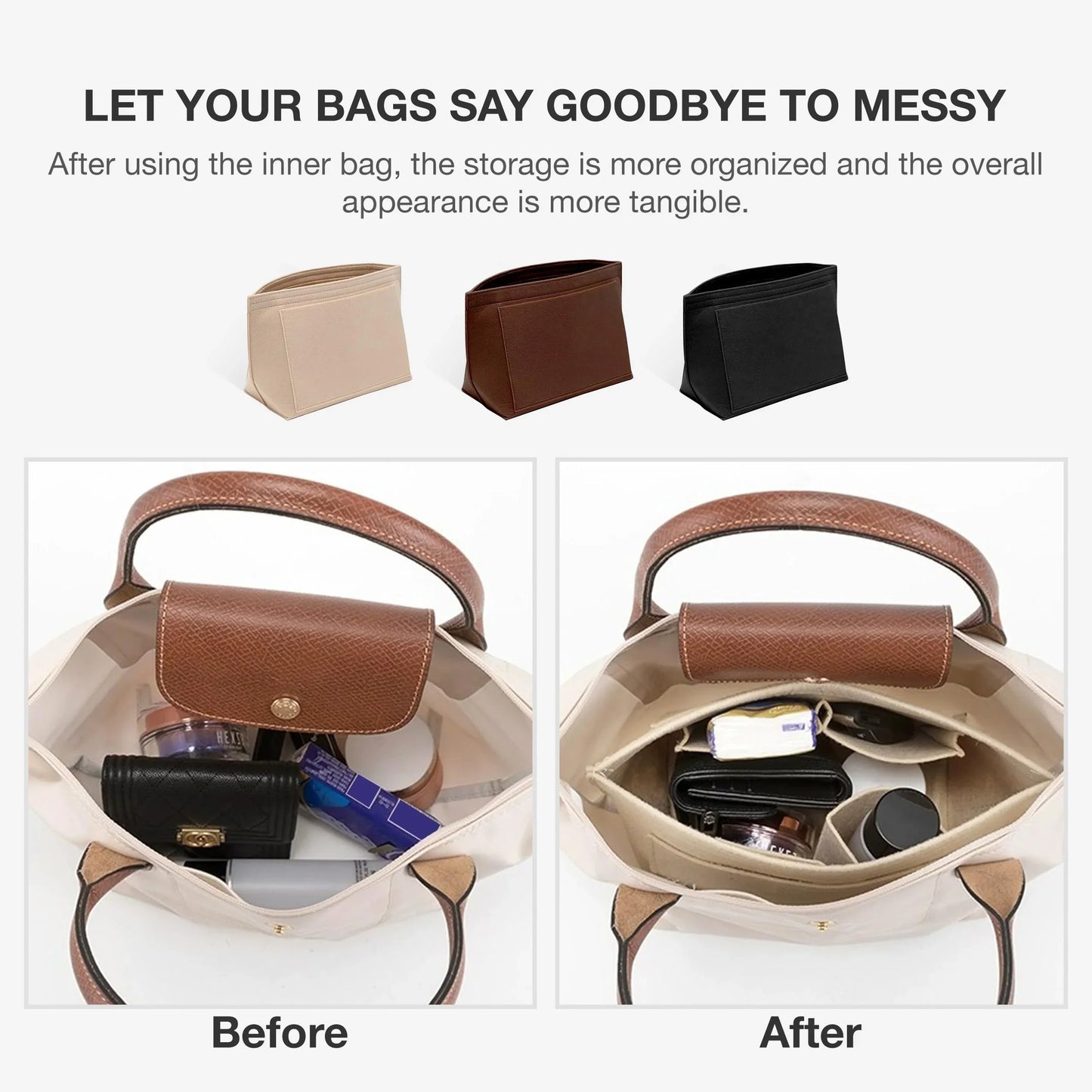 Felt Insert Bag for Longchamp Handbags — Portable Purse Organizer & Makeup Bag Liner for Travel