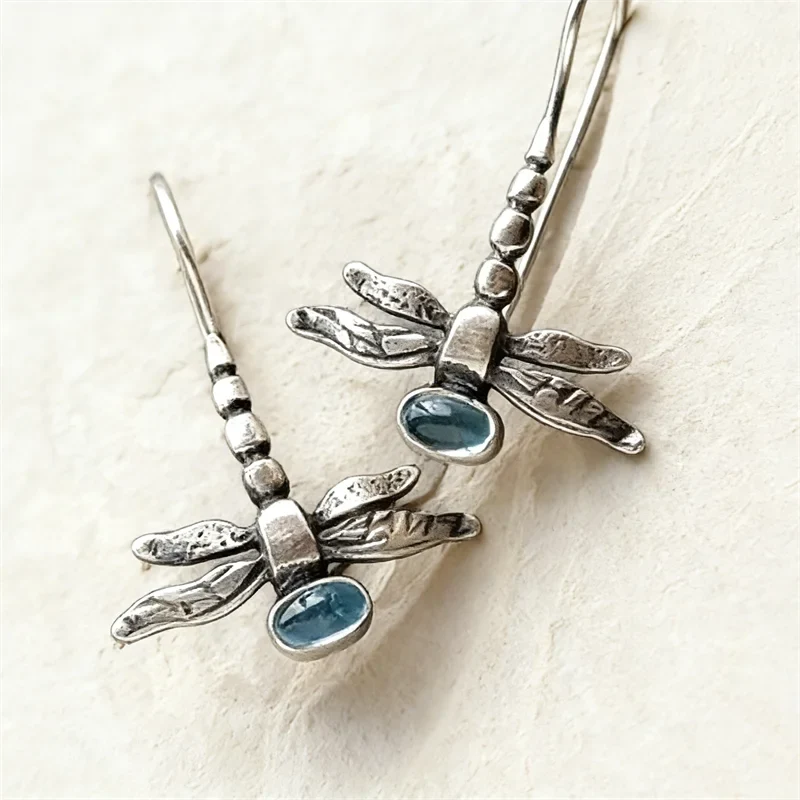 Retro Dragonfly Dangle Earrings - Silver Color Jewelry with Blue Stone Inlay for Women Party & Engagement Fashion