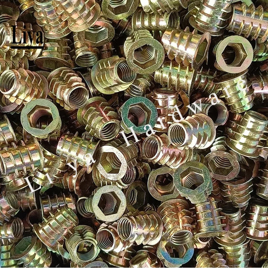 10-50Pcs M4 M5 M6 M8 Zinc Alloy Wood Insert Nuts Flanged Hex Drive Furniture Nuts, Length 8-25mm