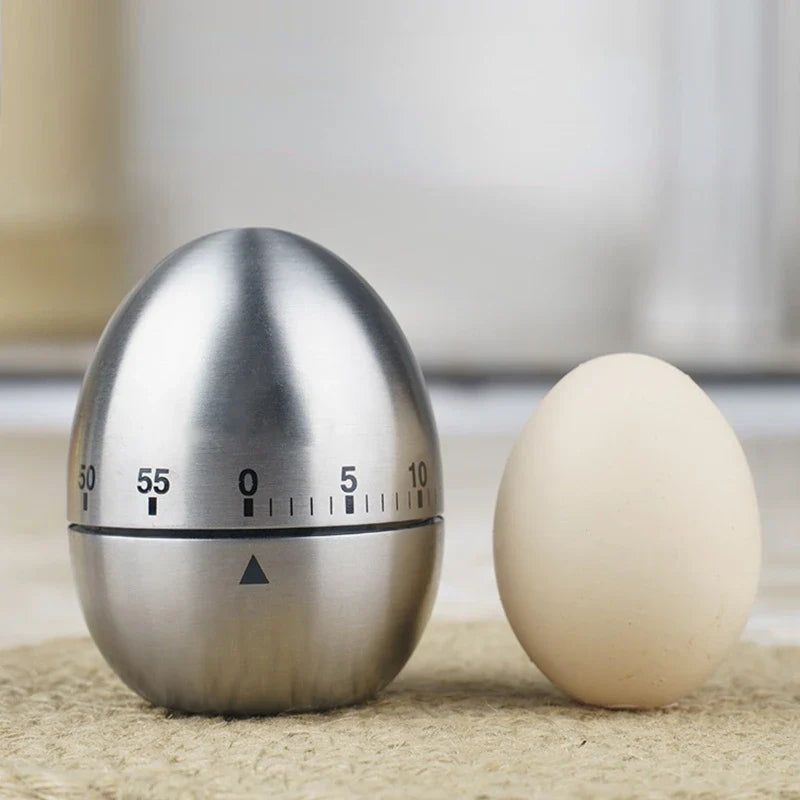 Stainless Steel Kitchen Timer - Cute Egg Shaped Mechanical Alarm Clock for Cooking - 60 Minutes Countdown