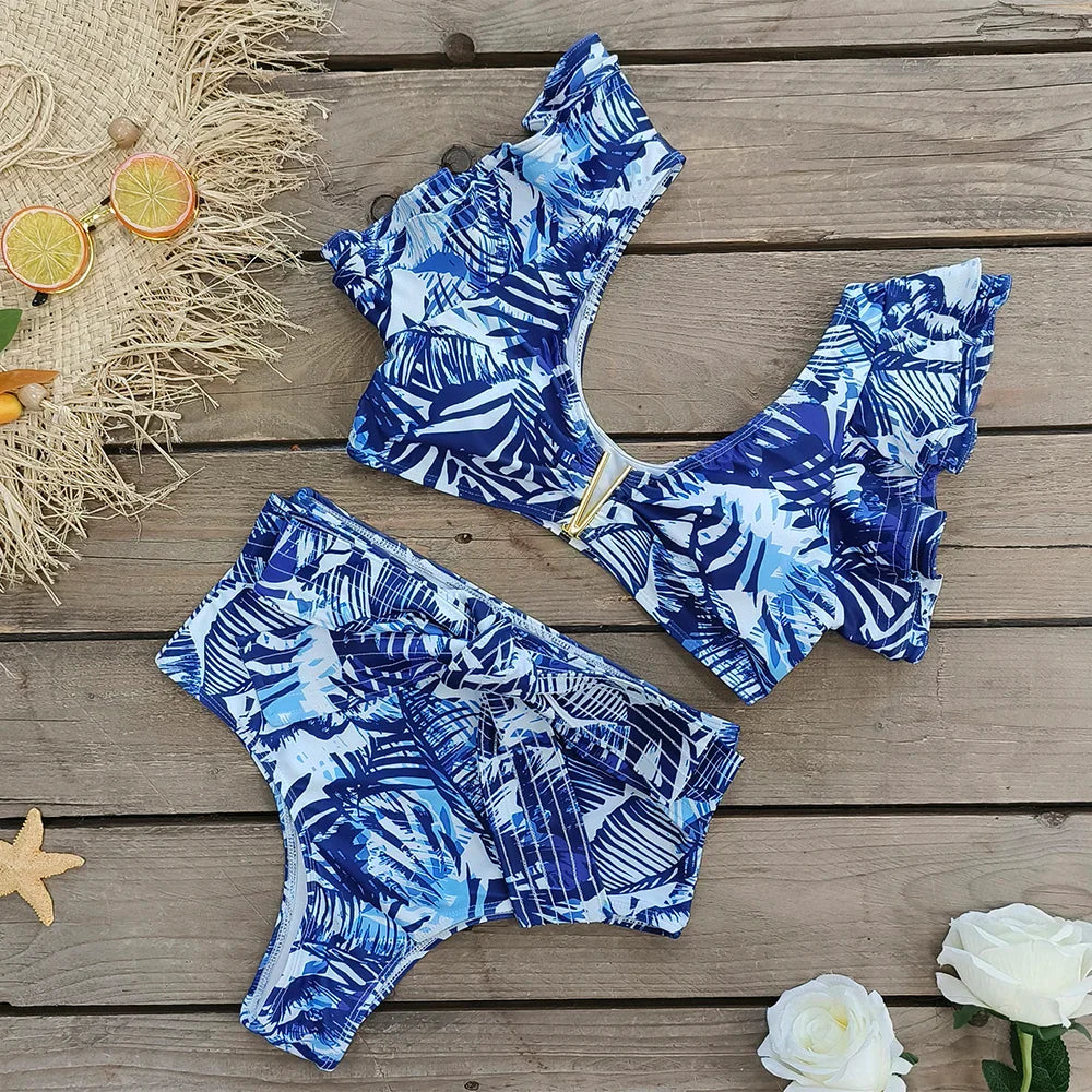 Sporlike V-Neck Ruffled Bikini Set – High Waist Sexy Printed Two-Piece Swimsuit for Women 2025
