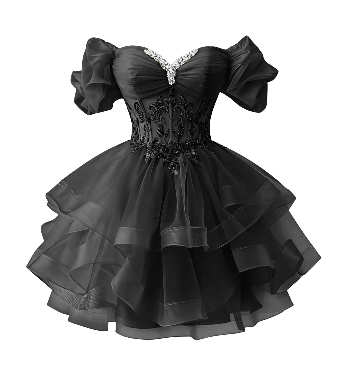 Beaded Lace Homecoming Dress - Short Tiered Tulle Sequin Prom & Quinceañera Gown
