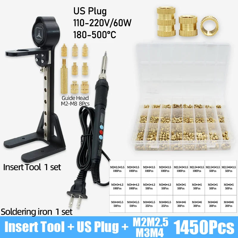 Heat Set Insert Tool Kit for 3D Printing – M2–M8 Brass Threaded Copper Nuts & Soldering Iron Tips