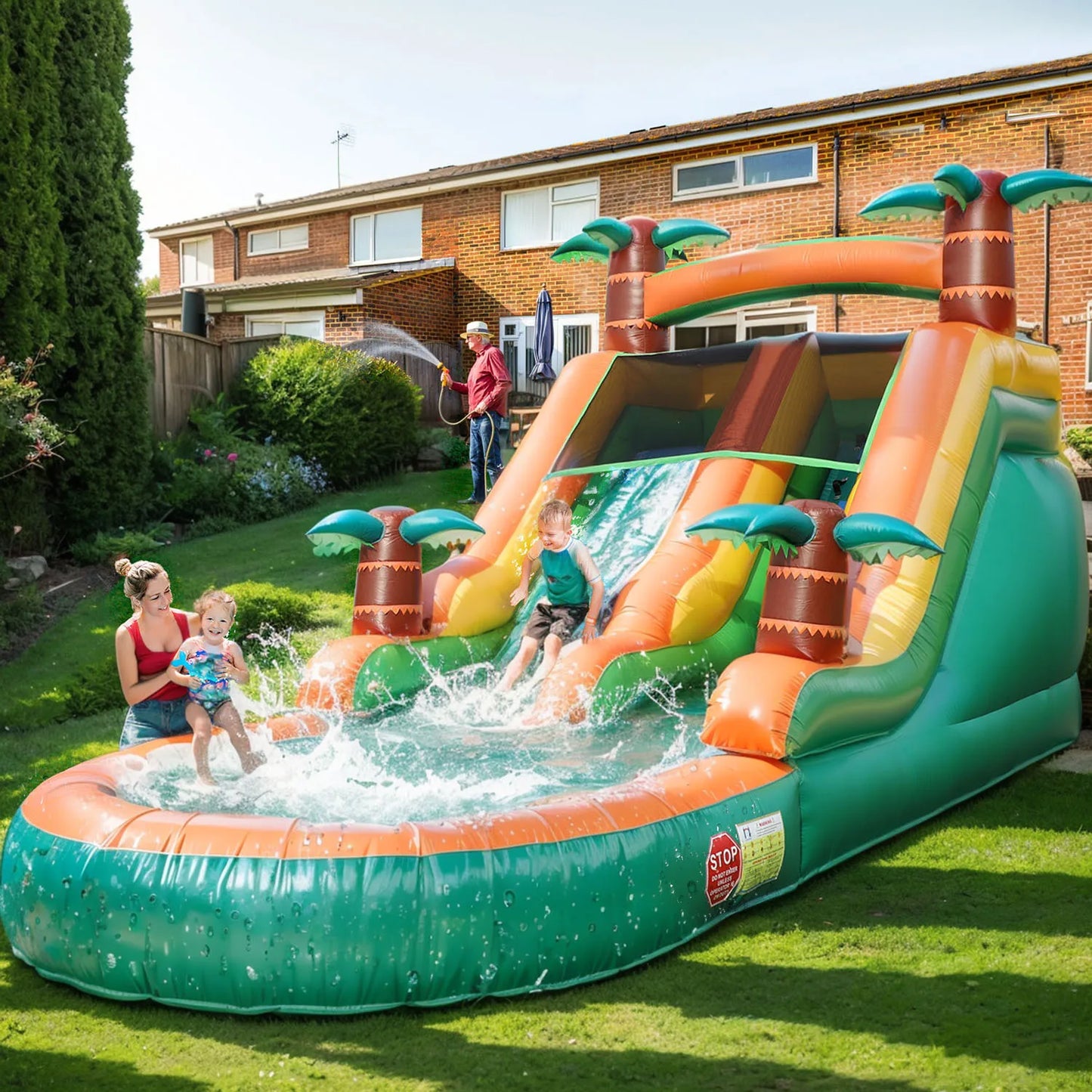 Inflatable Summer Water Pool & Double Slide Play Equipment – Outdoor Air Bounce Water Amusement Inflatable Bubble Ball Fun for Kids & Family