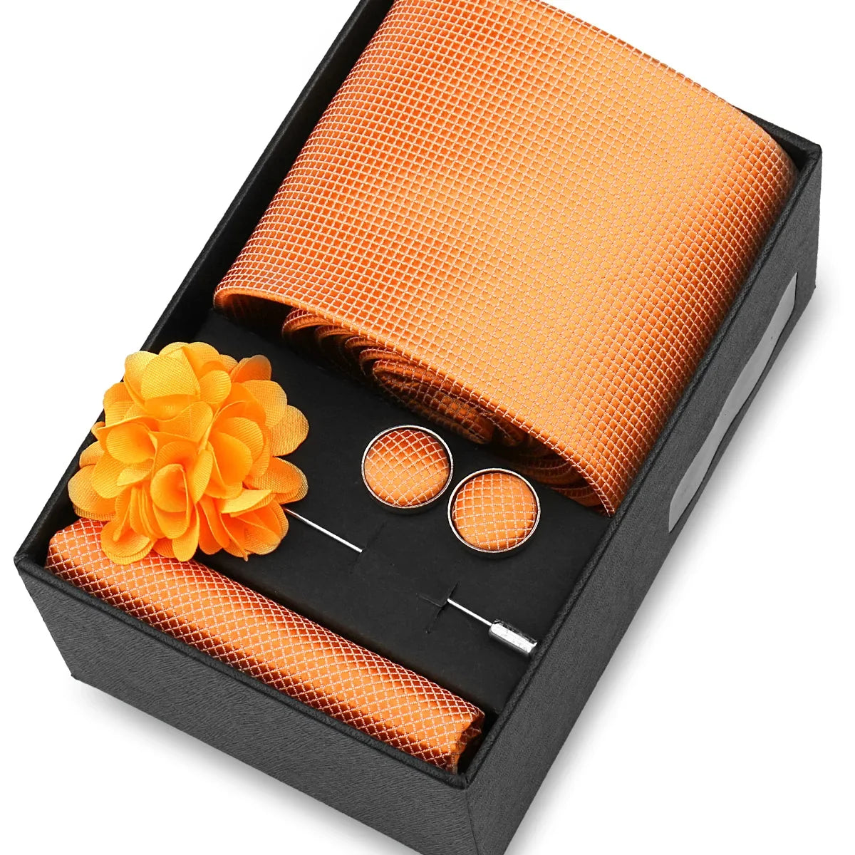 Elegant Men’s Necktie Gift Set - Fashion Tie with Handkerchief, Cufflinks & Brooch Pin Accessories for Business & Wedding