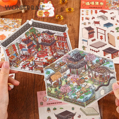 DIY 3D Cartoon Cat Sticker Set - Four Seasons Landscape, Pocket Cabin Scenes | Creative Stacking & Pasting Gift for Kids