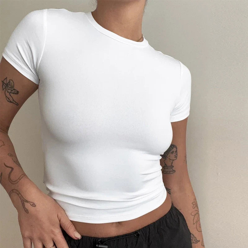 Women's Slim Fit Short Sleeve T-Shirt - Knitted O-Neck Top for Streetwear and Sports, Y2K Style 2024
