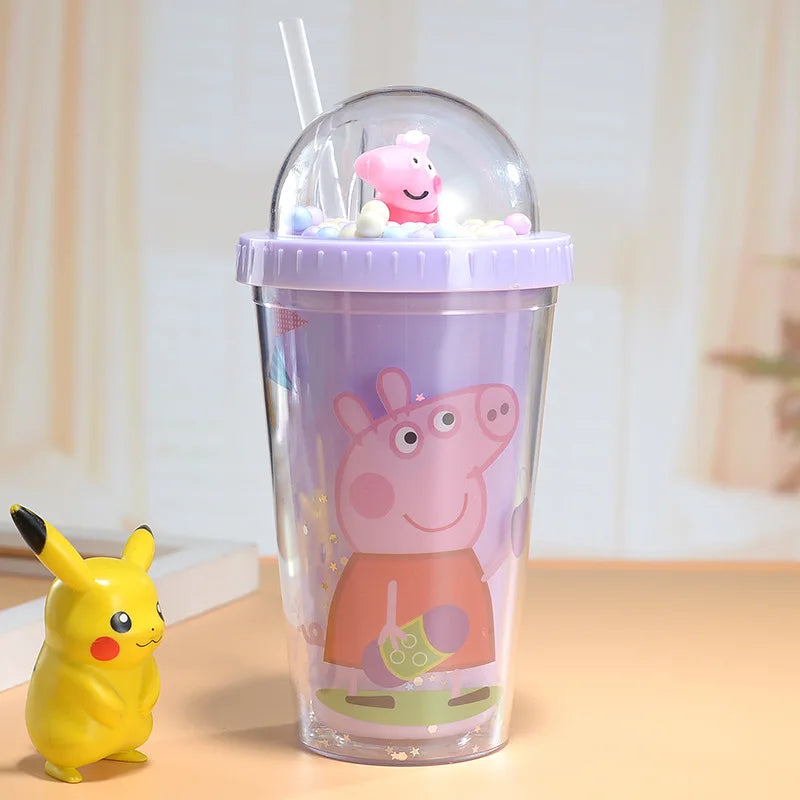 450ML Peppa Pig Plastic Water Bottle – Double-Layer Tumbler with Straw, George Pig Design, Gift for Girls