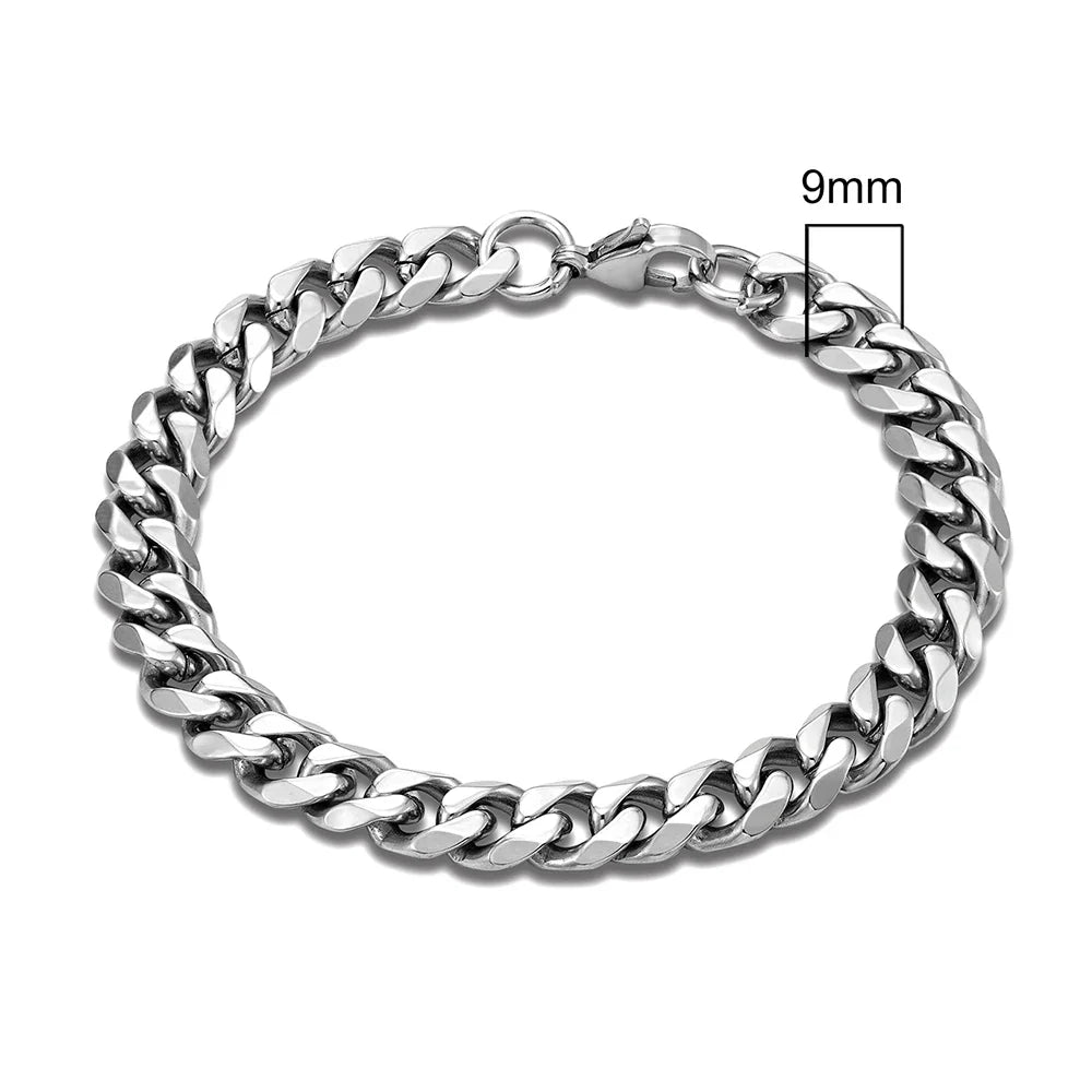 MKENDN Punk Rock Stainless Steel Cuban Curb Link Chain Bracelet – 3–11mm Silver Biker Jewelry for Men & Women
