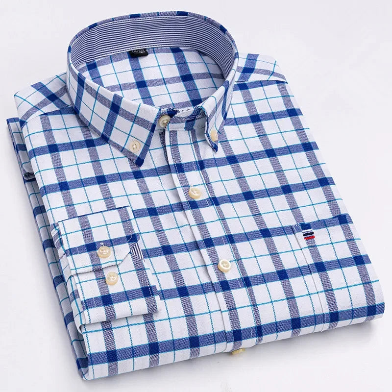 Men’s Cotton Oxford Shirt - Smart Casual Long Sleeve Plaid Print Dress Shirt, Regular Fit up to 6XL
