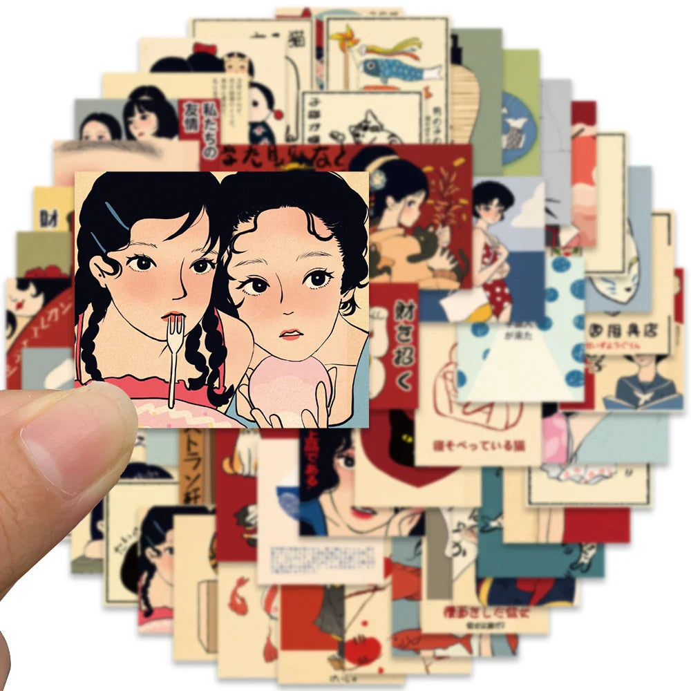 50pcs Retro Japanese Cartoon Stickers – Waterproof Aesthetic Graffiti Decals for Laptop, Luggage, Guitar & Skateboard