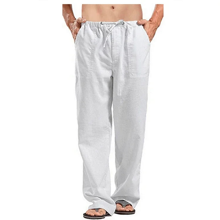 Men's Cotton Linen Pants – Summer Breathable Solid Color Casual Trousers with Elastic Waist