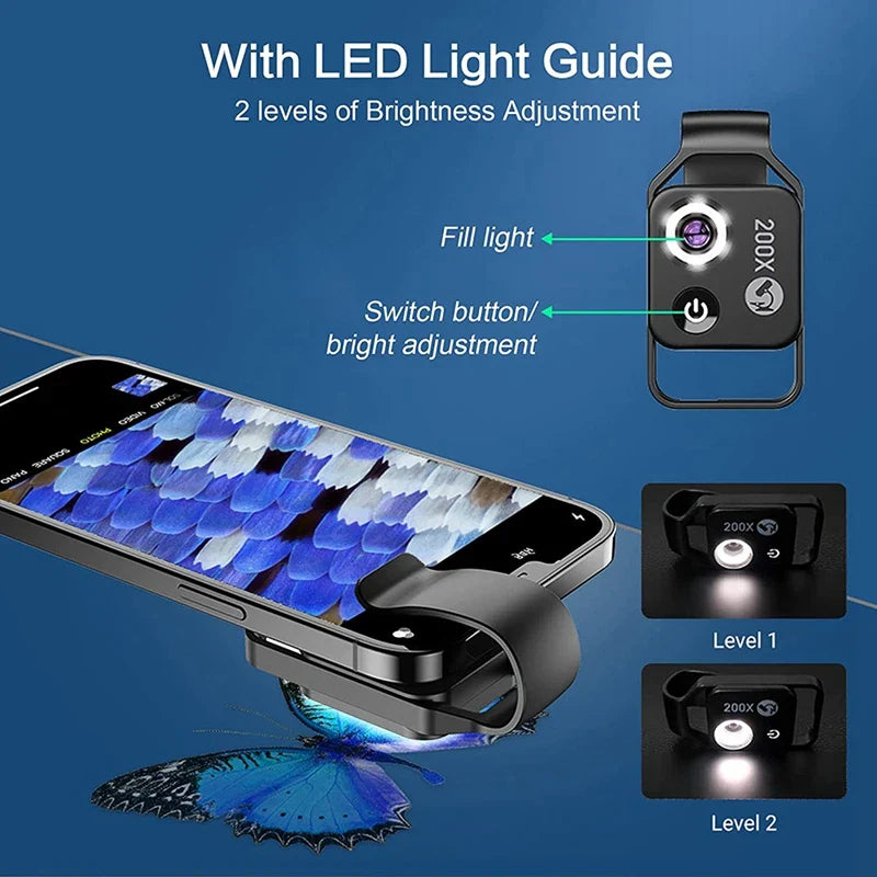 200X Cell Phone Microscope Accessory – Portable Mini Digital Microscope with CPL Lens, LED Light, Universal Clip