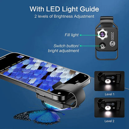 200X Cell Phone Microscope Accessory – Portable Mini Digital Microscope with CPL Lens, LED Light, Universal Clip