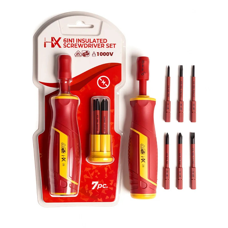 6-in-1 VDE Insulated Screwdriver Set - Quick-Change Slotted & Phillips Bit Kit