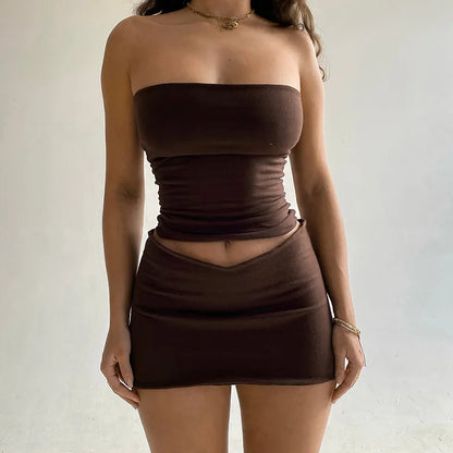Hugcitar Solid Sleeveless Folds Tube Crop Top & Skirt Set – 2 Piece Summer Fashion Streetwear, Beach Clothing